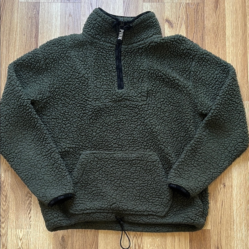 PINK Victoria's Secret Dark Green Zip-Up Sherpa